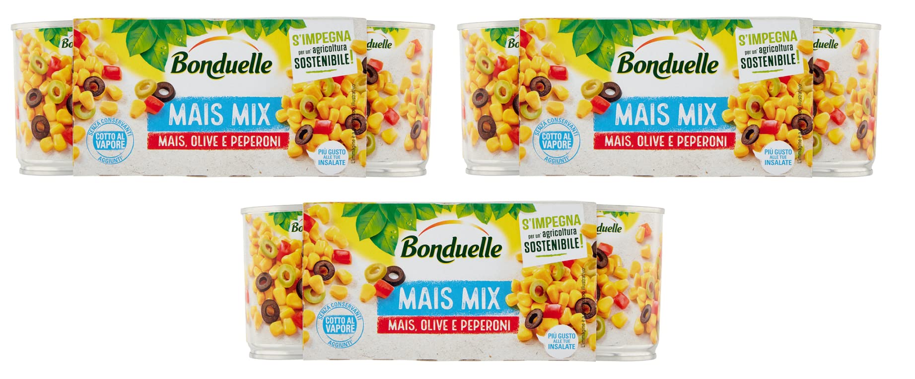 3 x Bonduelle Maíz Mix Maíz Olive e Pepperoni maíz dulce y crujiente con aceitunas y pimientos picantes (3 x 170 g)