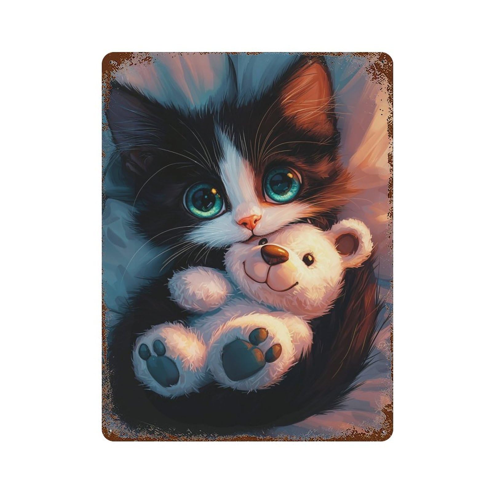 Cute Kitten with Teddy Bear Vintage Rust Metal Sign 15.7"x11.8", Shabby Chic Decor for Garage, Pub Or Kitchen