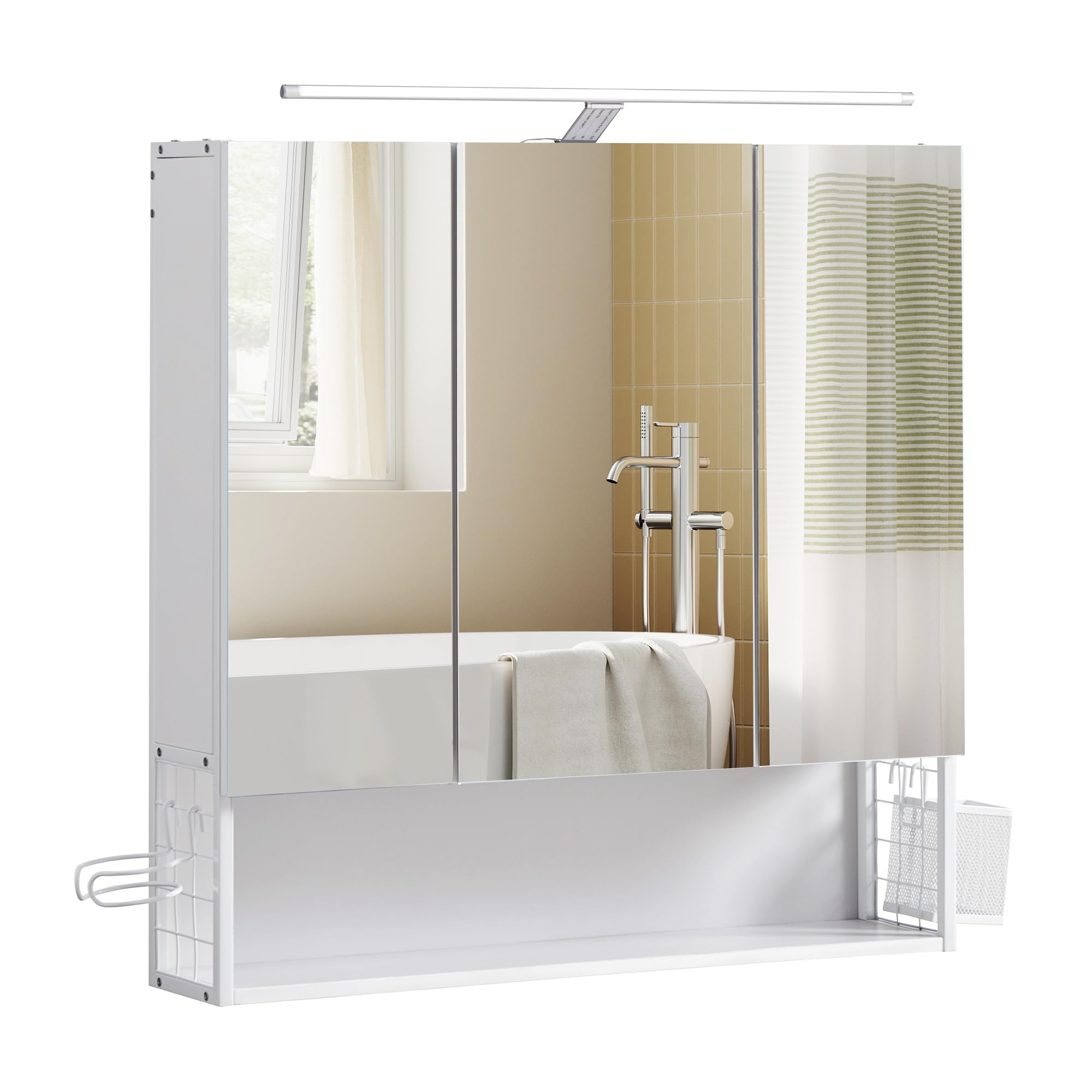 VASAGLE Armario de Baño con Luz LED, 14,5 x 70 x 70 cm, Enchufe, Cesta Colgante, Soporte para Secador, Mueble de Pared con Espejo, Blanco Nube BBK124W14