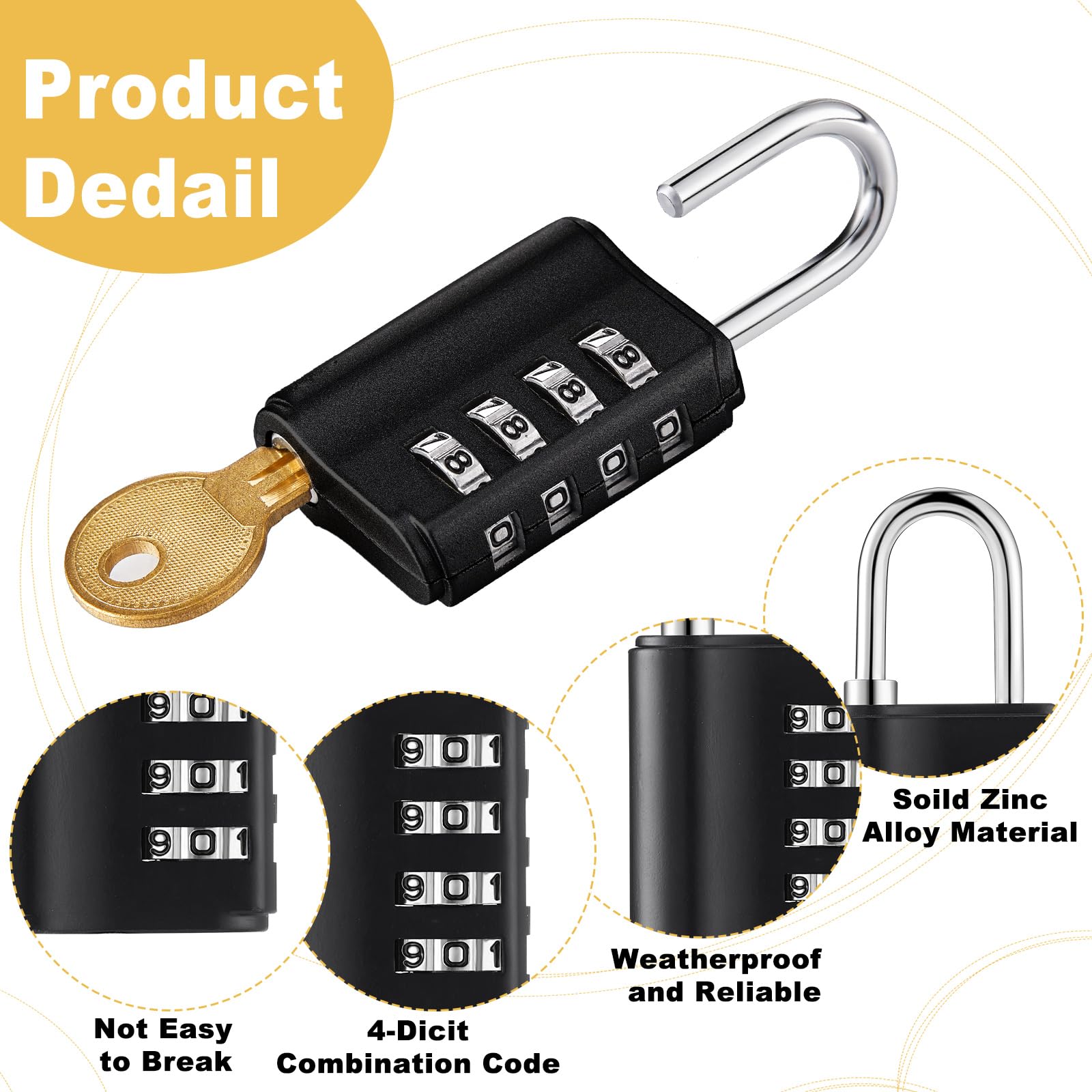 Kenning 10 candados de combinación de 4 dígitos con llaves, casillero de seguridad reajustable al aire libre, impermeable, para escuela, deportes, gimnasio, casillero, caja de herramientas (negro)