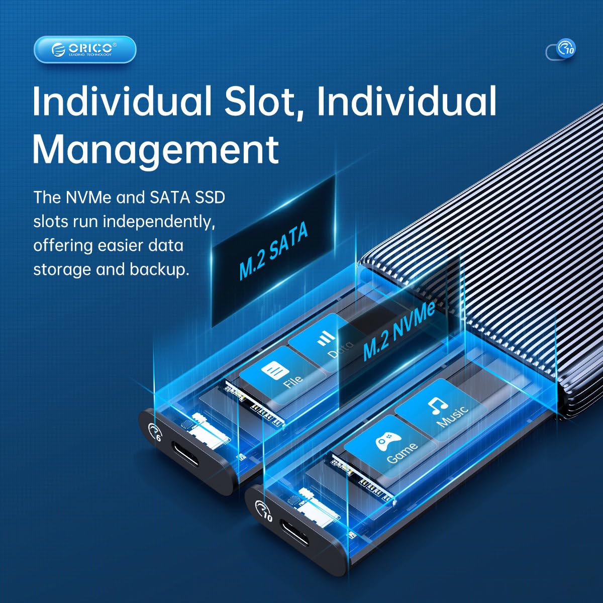 ORICO Dual-Bay Case SSD M.2 NVMe SATA, Senza Attrezzi Adattatore da USB C a M2 per M Key PCIe, B+M Key, B Key 2230/2242/2260/2280, M2 Docking Station in Alluminio fino a SSD da 2x4TB -AM2-2SN