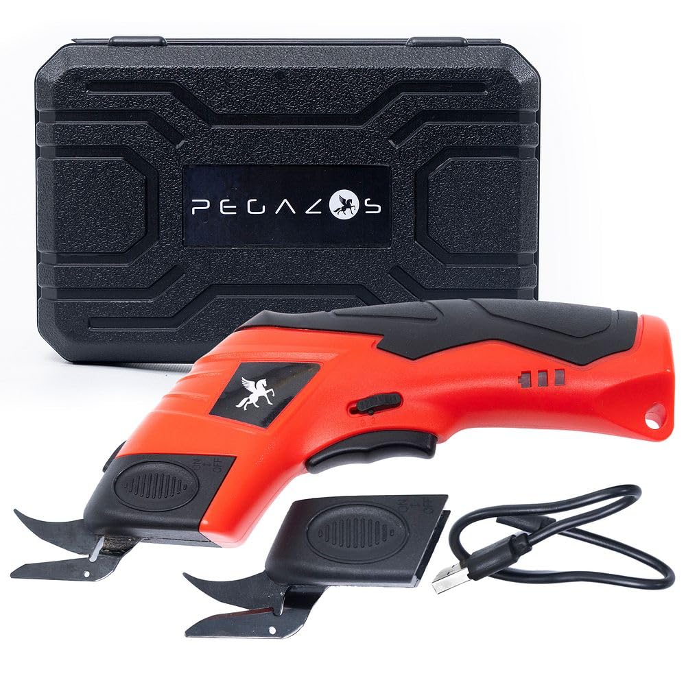 Pegazos Cordless Electric Scissors - Rechargeable Cutting Tool for Fabric, Cardboard, Plastic, Paper, Leather - Detachable Blade, Ergonomic Grip, Safety Lock - Includes Extra Cutter Head & USB Cable