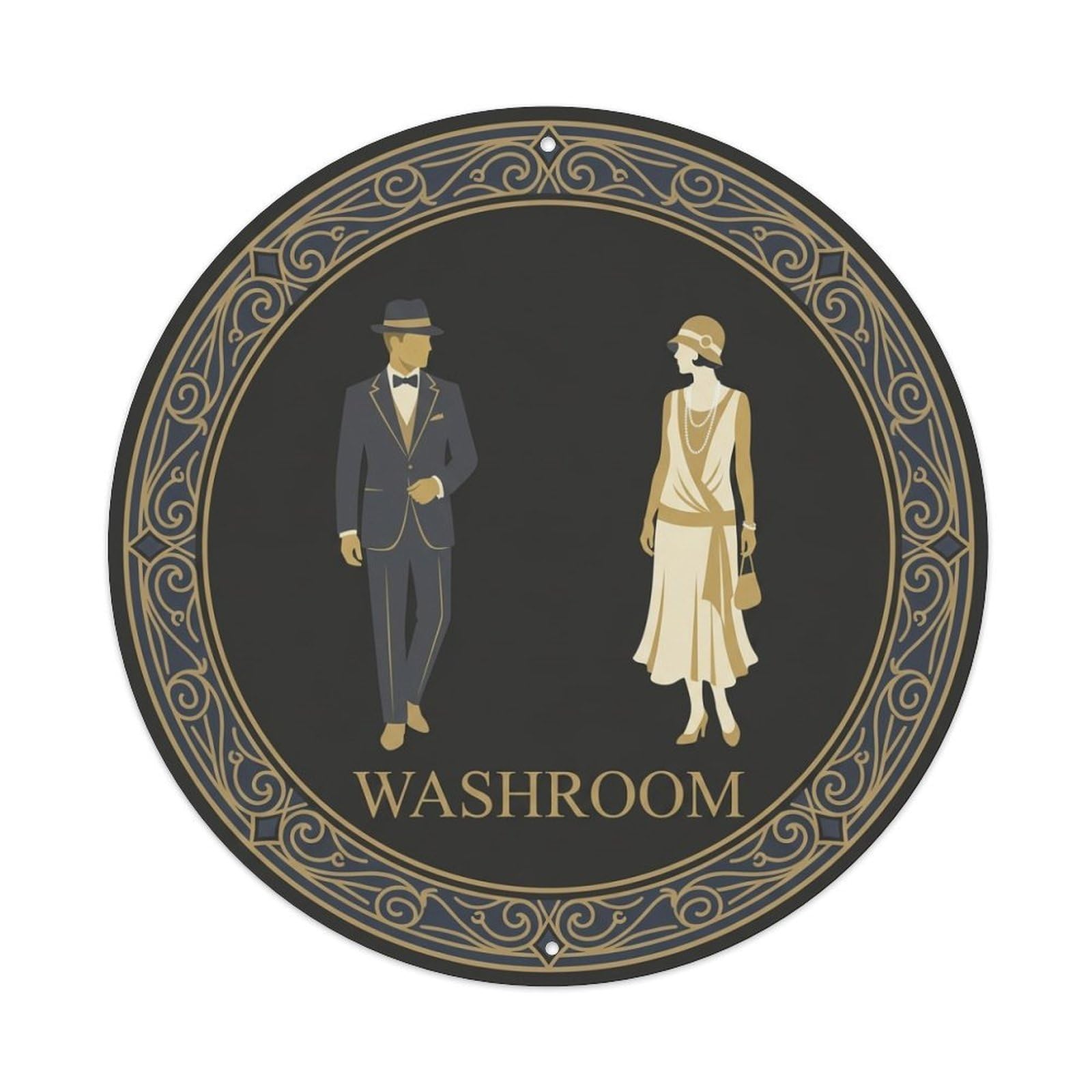 Olhnbad Style Charcoal Gold Filigree Restroom Notice Washroom Metal Tin Sign
