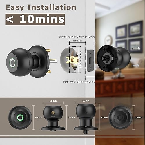 Miniatura 8 de Cerradura de puerta de huellas dactilares, pomo inteligente de puerta de dormitorio, perilla biométrica, cerradura inteligente con control de