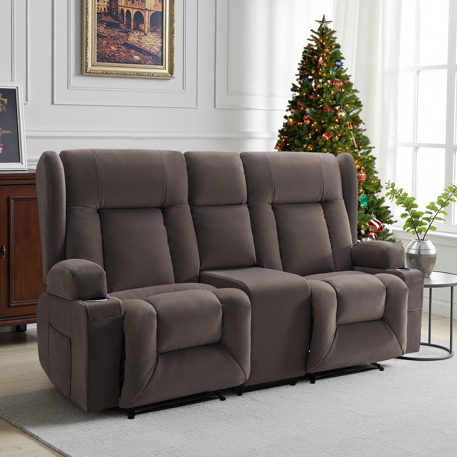 VEVOR Loveseat Relaxsessel elektrische Liegecouch mit Wärmefunktion & Massage, Massagesessel mit zentraler Steuerung & USB-Anschlüssen & Getränkehaltern & Seitentaschen, Sofa für Wohnzimmer Braun