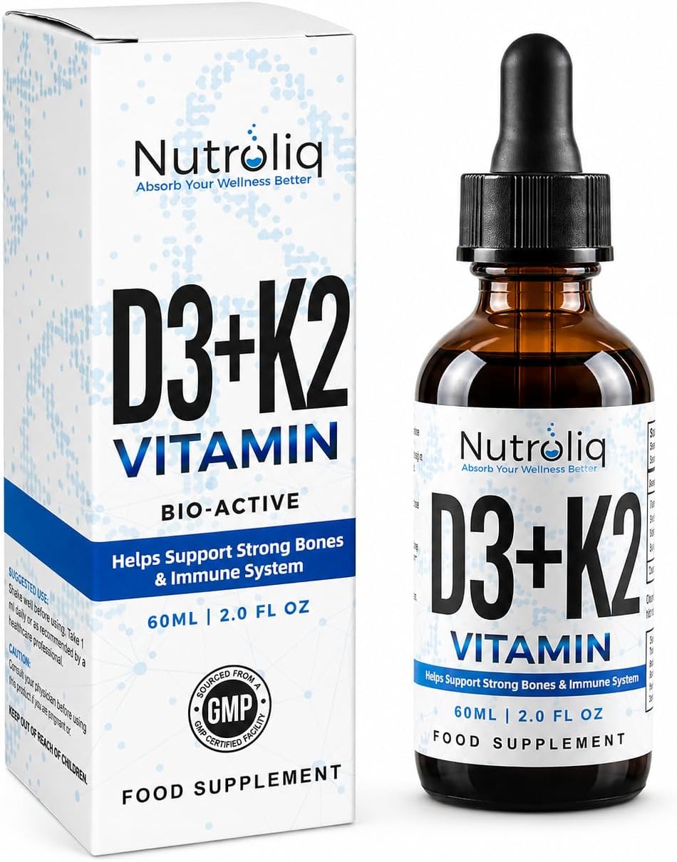 Nutroliq Vitamin D3 + K2 Liquid Drops - 4000IU Vit D3, 100mcg Vit K as MK7, MCT, Extra Virgin Olive Oil - For Immune & Bone Health, Better Energy, Calcium Absorption - Natural Peppermint Flavour, 60ml