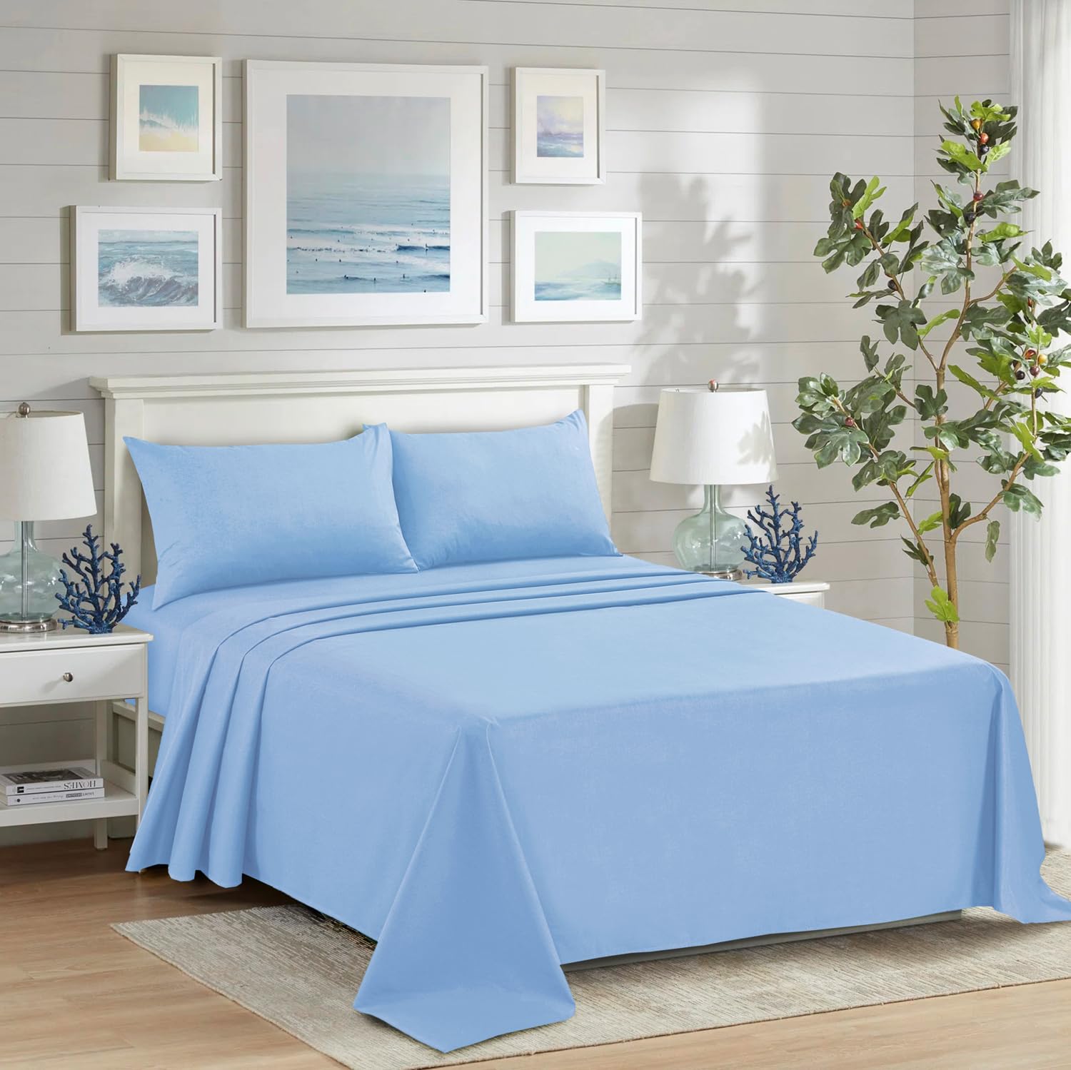 HADI LONDON Polycotton Flat Sheets for Single Double King Size Bed Softest Anti Wrinkle Non-Iron Plain Dyed Top Sheet with 200 Thread Count Ideal for Winter & Summer Bedding (Sky-Blue, Double)