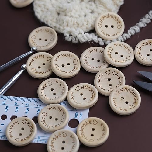 Miniatura 4 de 100 botones de madera de 34 pulgadas para manualidades, 2 agujeros, forma redonda, de madera, hechos a mano, con botones de amor, botones de madera