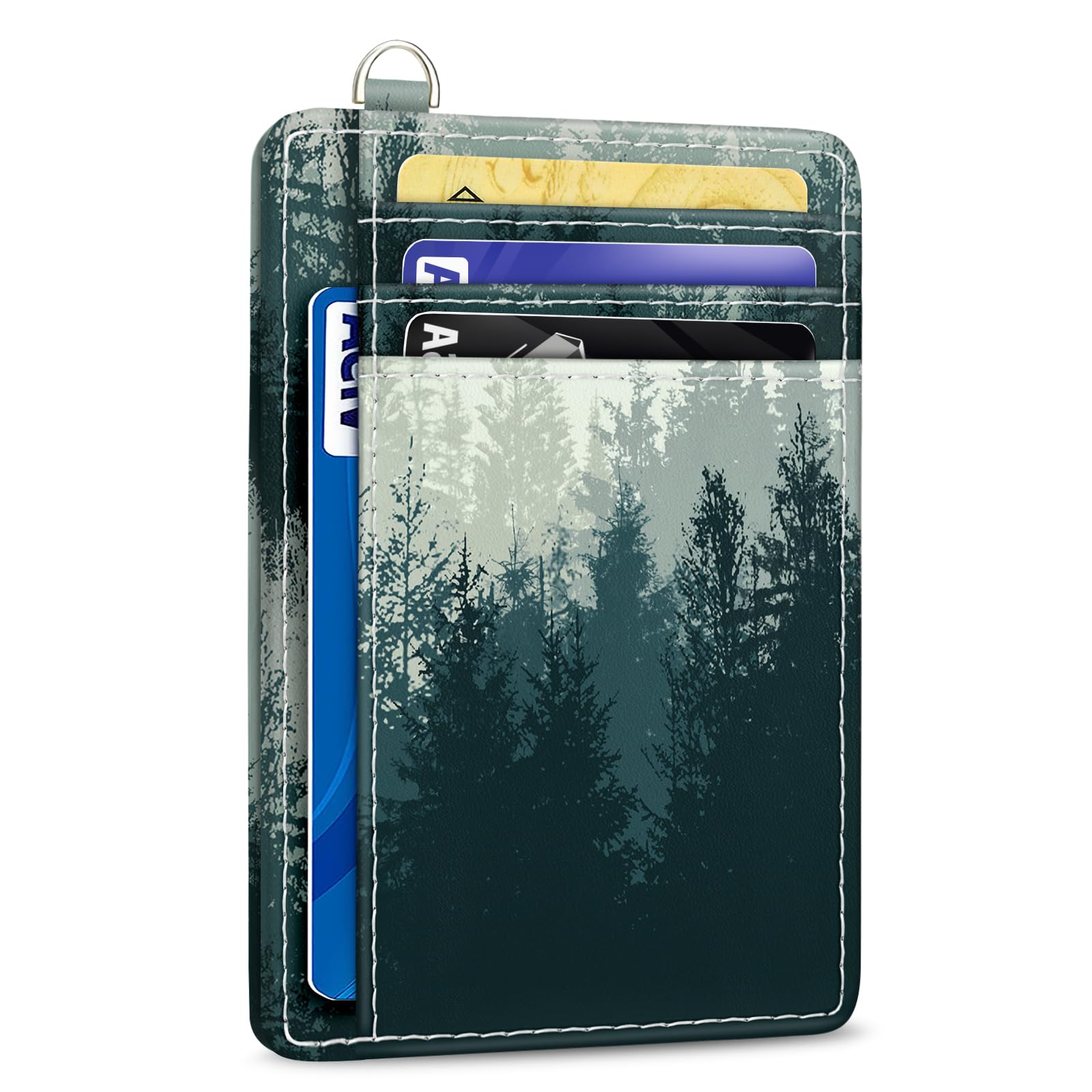 Yonlevres Credit Card Holder Slim Wallet, Forest RFID Wallet Women Front Pocket Small Card Holder, Travel Cute Funny Thin Card Case ID Window PU