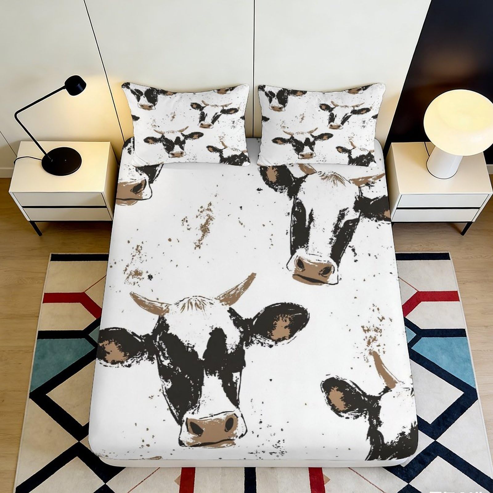 Wtorimpel Style-6 3D Printed Cow Pattern Fitted Sheet Microfiber Deep Pocket Non-Slip Bedroom Bedding Cow Mattress Fitted Cover Washable Protection 140X200x25cm