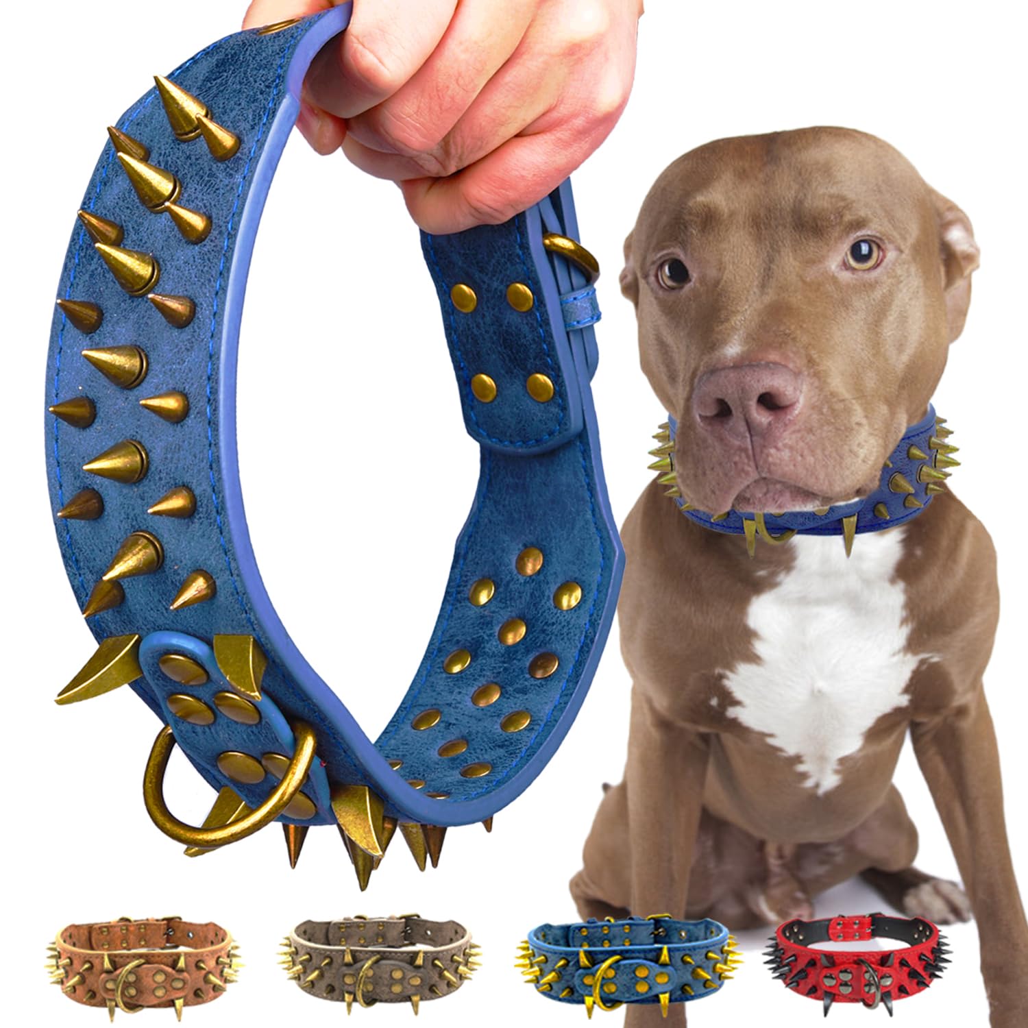 Collier pour chien à pointes en cuir PU bleu contre les attaques