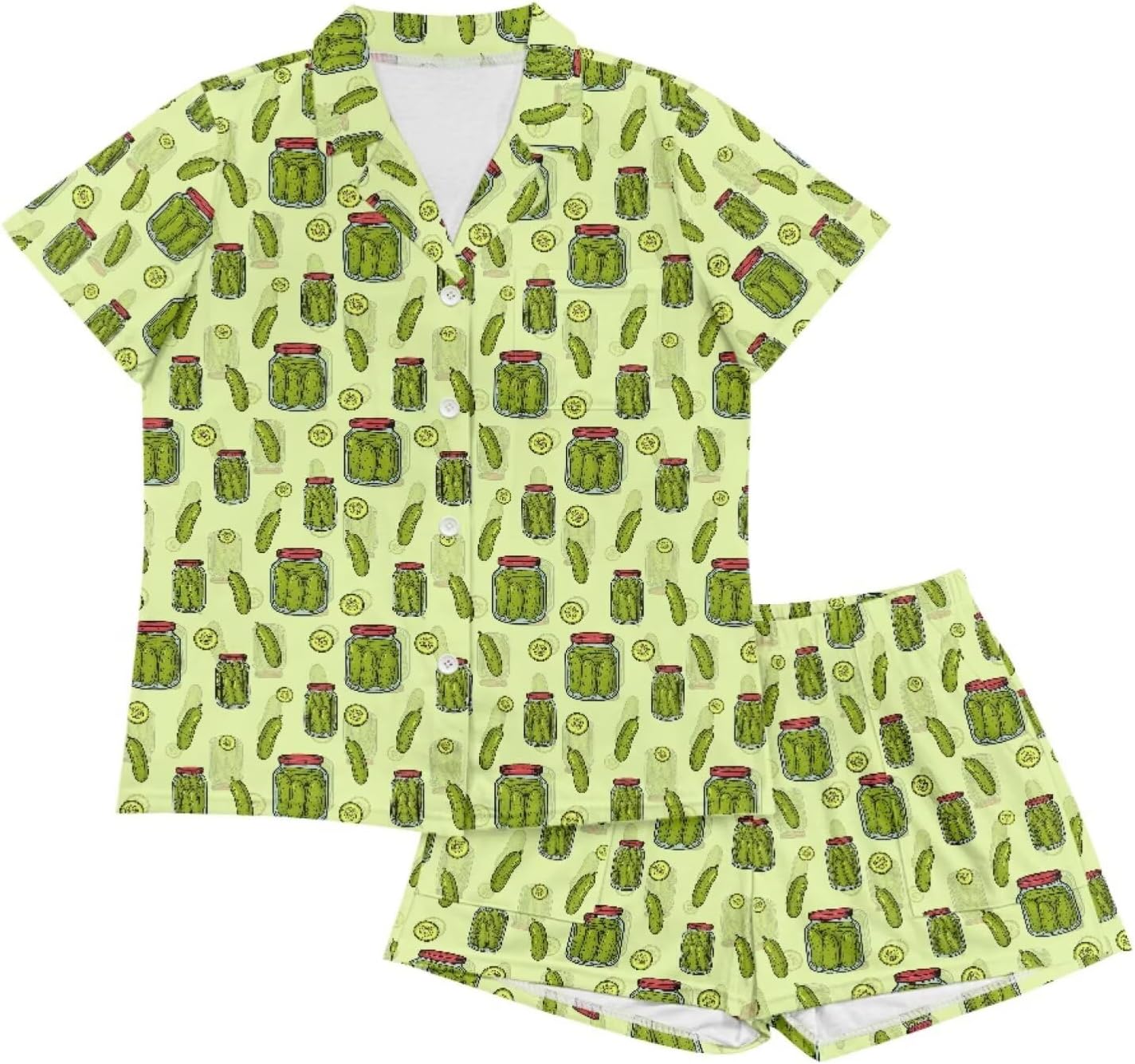 Funnydude Funny Print Pajamas for Women Set Summer Button up Loungewear Hawaiian Shirt Pajama Set with Shorts