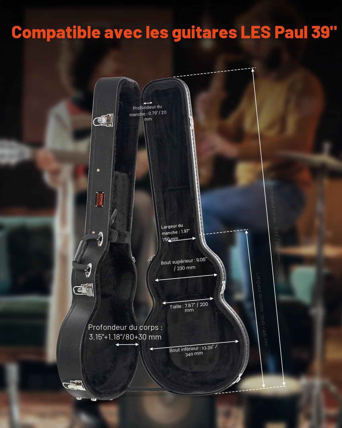 VEVOR Étui Guitare Électrique Rigide en Forme Gourde 1050 mm avec Verrouillage à Clés, Poignée, Rembourrage PVC, Doublure Souple, Résistants à l'eau, pour Guitares Électriques de 39 po 99 cm, Noir