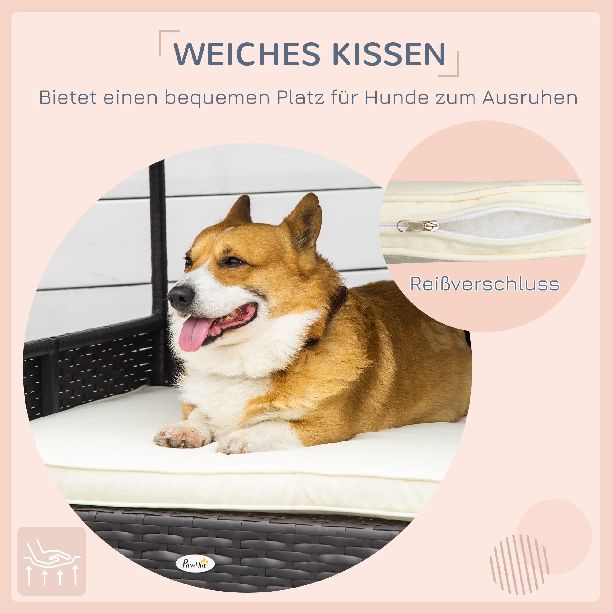 PawHut Rattan Hundeliege Outdoor mit Dach 69 x 98 x 70 cm Kaffee-Braun | Erhöhtes Hundebett, Kühlende Haustierliege mit Metallrahmen, Abnehmbare Kissen, für Kleine und Mittelgroße Hunde