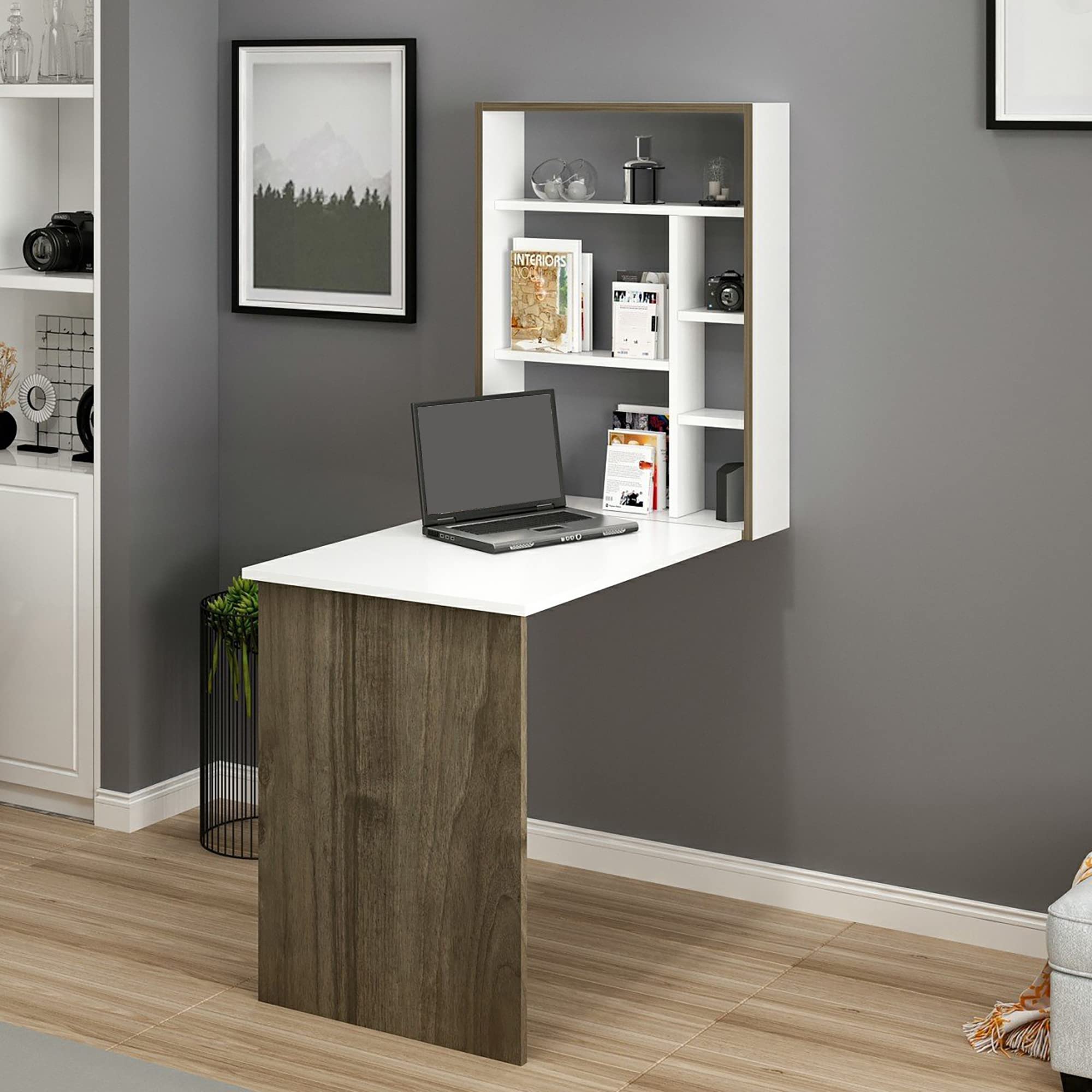 [en.casa] Escritorio Plegable de Pared Mesa de Cocina con Estantes para Habitaciones Pequeñas Aglomerado Plegado 82 x 62 x 16 cm Blanco/Nogal