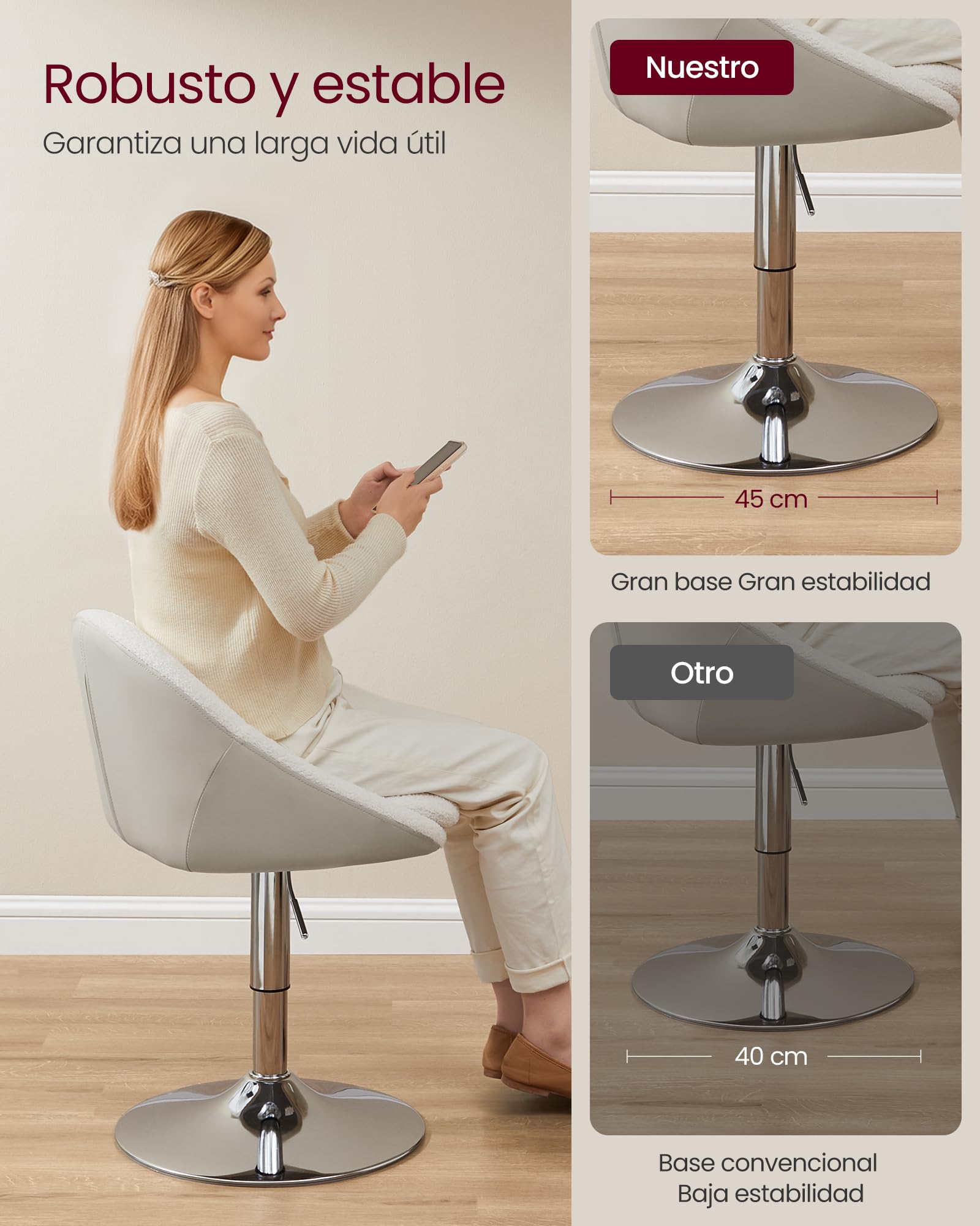 VASAGLE Silla Ajustable, Taburete de Tocador, Silla de Oficina Giratoria, Taburete de Bar con Respaldo y Base, Acero, para Mostrador, Oficina, Tocador, Comedor, Blanco Crema y Gris Plata LJB100W01