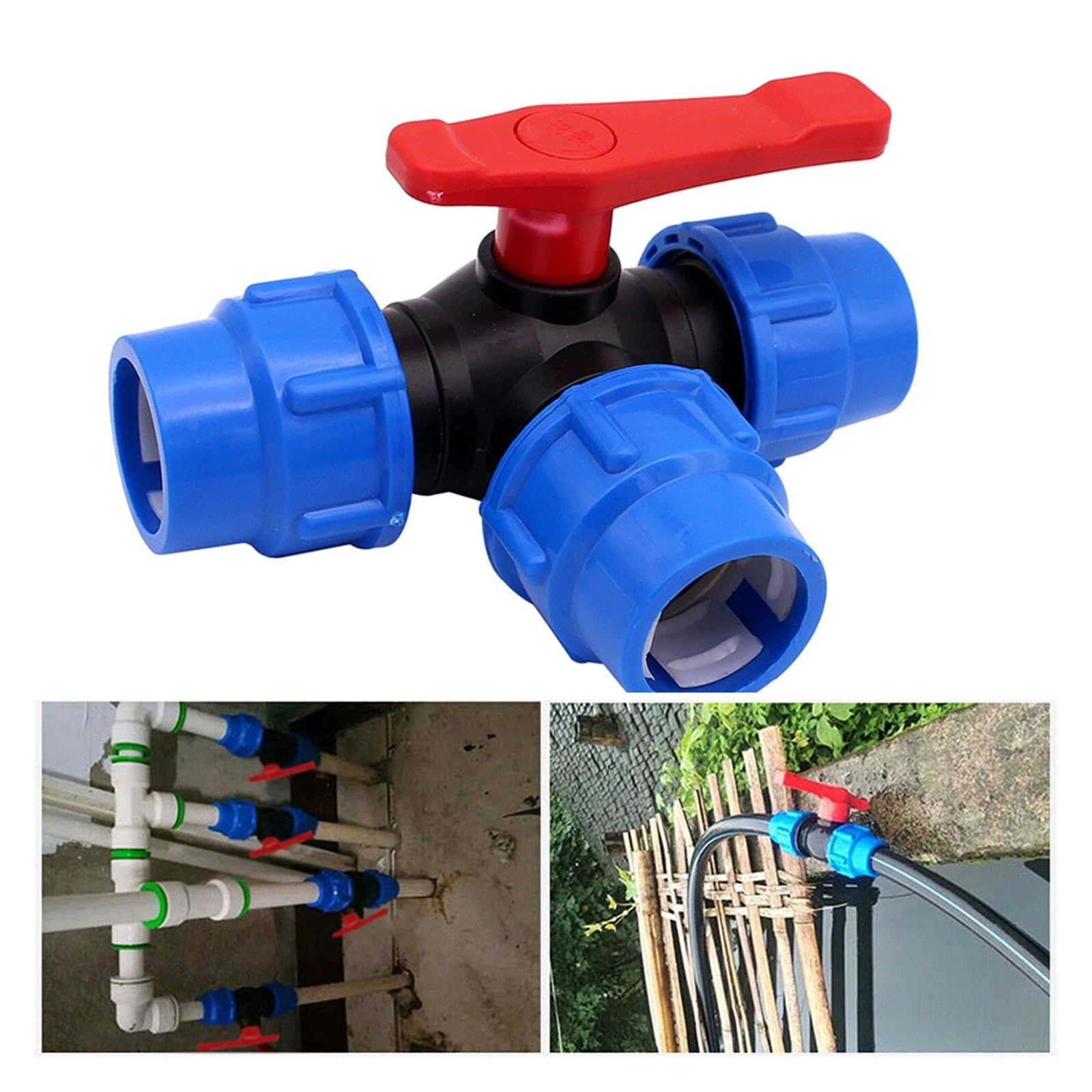Vanne à boisseau sphérique 3 voies en PE de 25 mm, séparateur d'eau du robinet, connecteur rapide en plastique, raccords de tuyauterie d'irrigation(50mm)