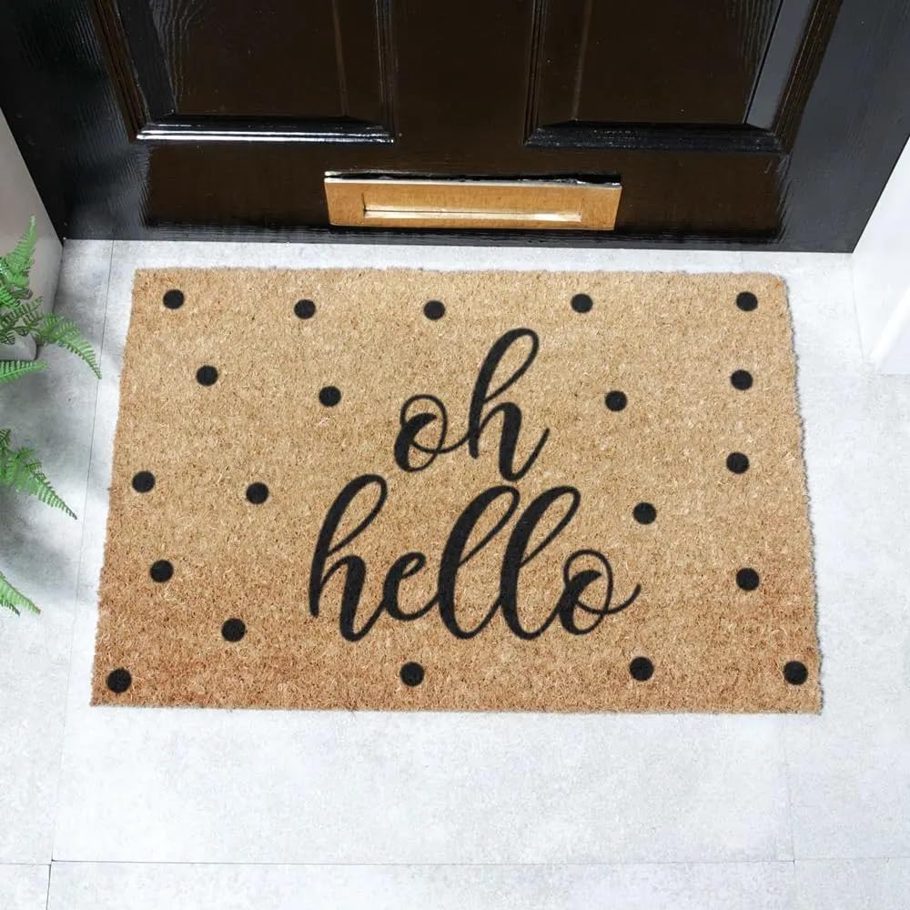 Artsy Mats - Oh Hello Doormat - Made from Tufted Coconut Fibre - Non-Slip Natural Rubber Backed Door Mats Indoor - Heavy Duty, Decorative Outdoor Mats (60x40cm)