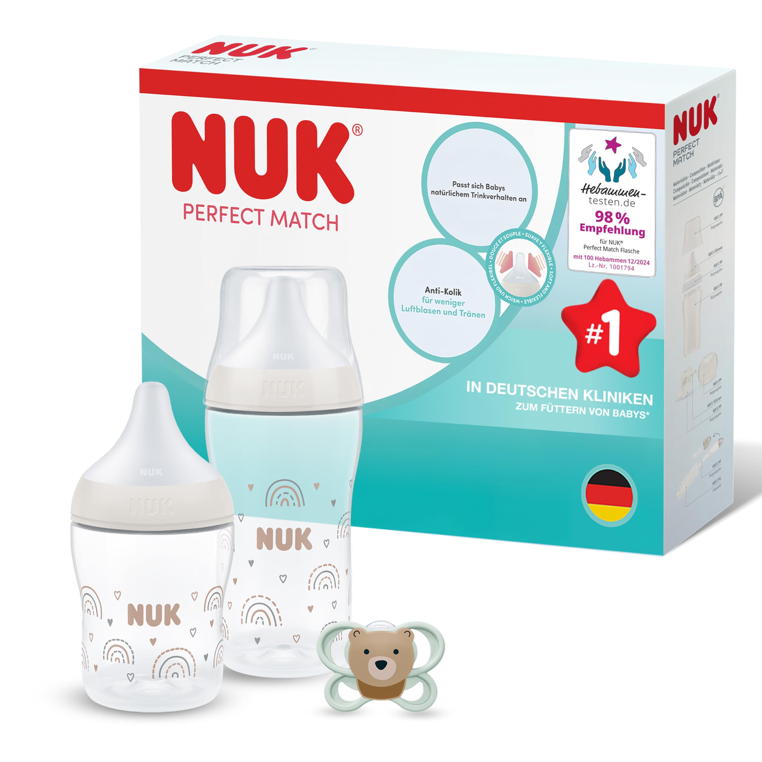 NUK Perfect Match Babyflaschen & Schnuller Geschenkset für Neugeborene | 0–3 Monate | 2 x Anti-Kolik-Flaschen (150 ml, 260 ml), 1 x Perfect Match Air Schnuller | Regenbogen | 3 Stück