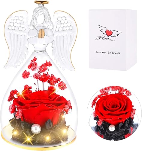BUTITNOW Prayer Angel, Mothers Day Flower Gifts Glass Guardian Angel Figurine, Preserved Forever Real Rose Gifts for Women, Angel Guardian with Rose