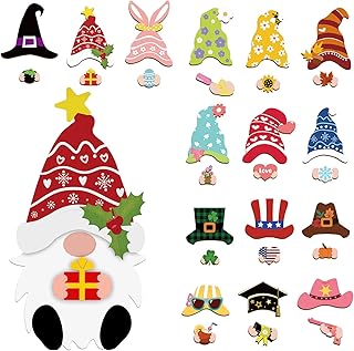 31pcs DIY Interchangeable Wooden Gnome Kit, Easily Changed Cute Magnetic Pieces Detachable Gnome Decorations Wood Seasonal Tiered Tray Cutouts Ornaments for Home Decor Christmas New Year Easter