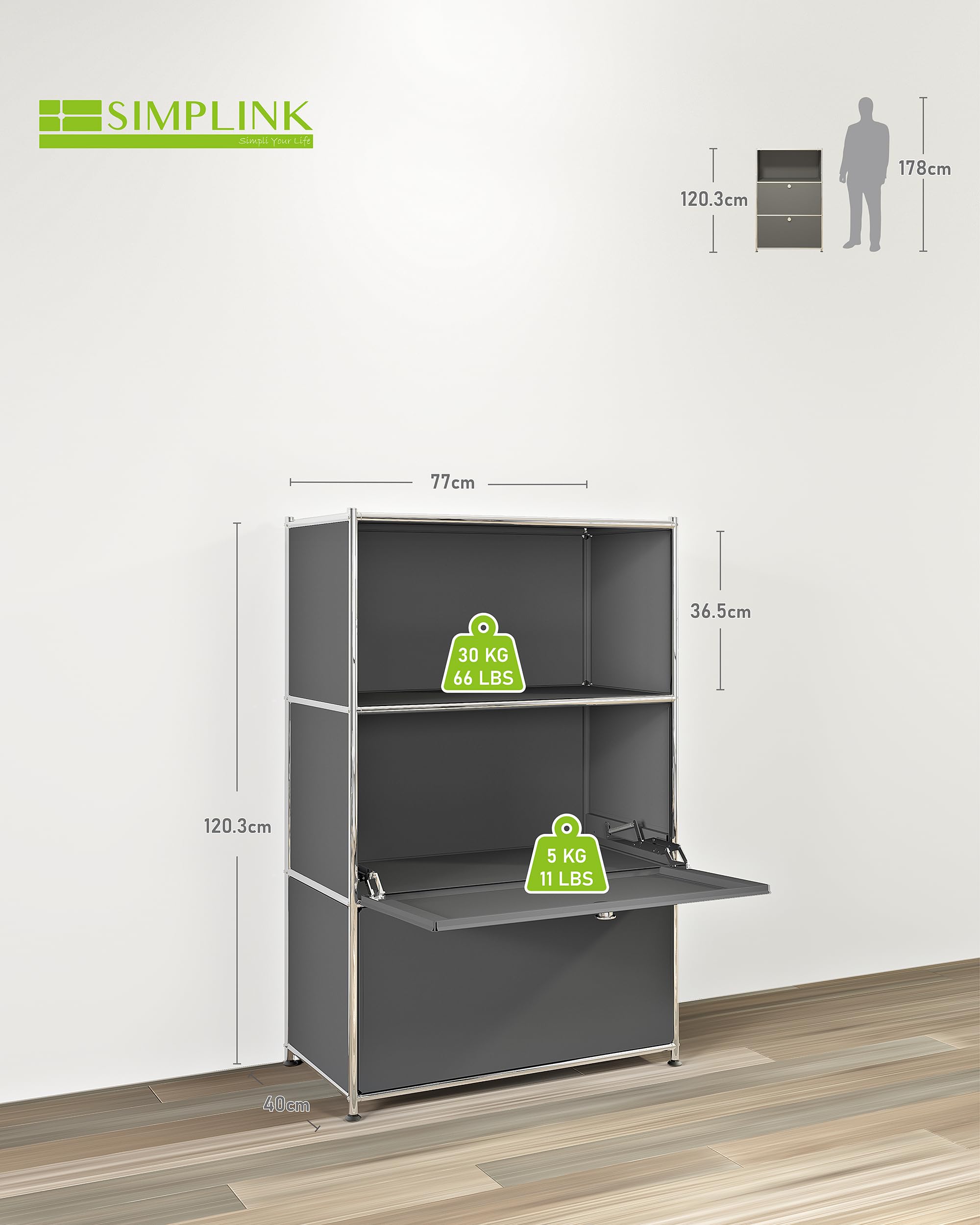 Amazon｜Simplink 収納棚 3段 77×40×120cm メタルシェルフ フラップ扉