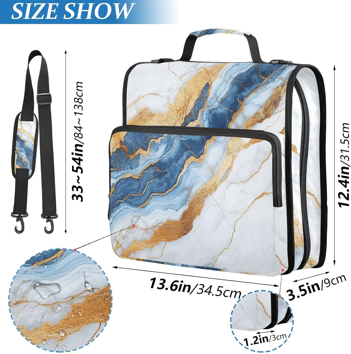 Aslsiy Zipper Binder Marble White Gold Blue 1.5 inch 3-Ring Binder Organizer Trapper Keeper with Shoulder Strap for School Office Supplies