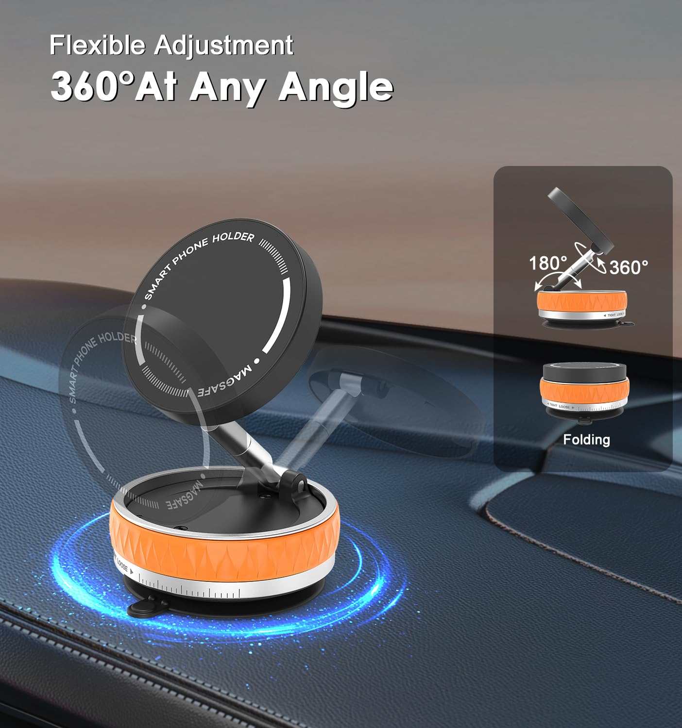 Support Magnétique Pour Téléphone Voiture Avec Ventouse à Vide, Rotatif 360° Et Aimant Puissant 2400gf, Compatible MagSafe IPhone, Fixation Tableau De Bord/Parabrise/Surfaces Lisses (Orange