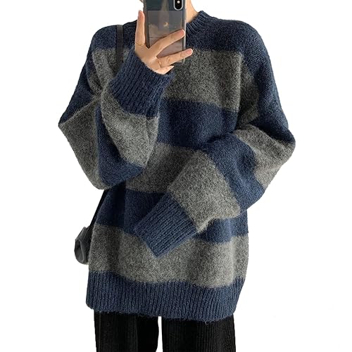 YEMOCILE Women Striped Sweater Knitted Sweater Long Sleeve Vintage Pullover Oversized Jumper Tops - One Size - Blue
