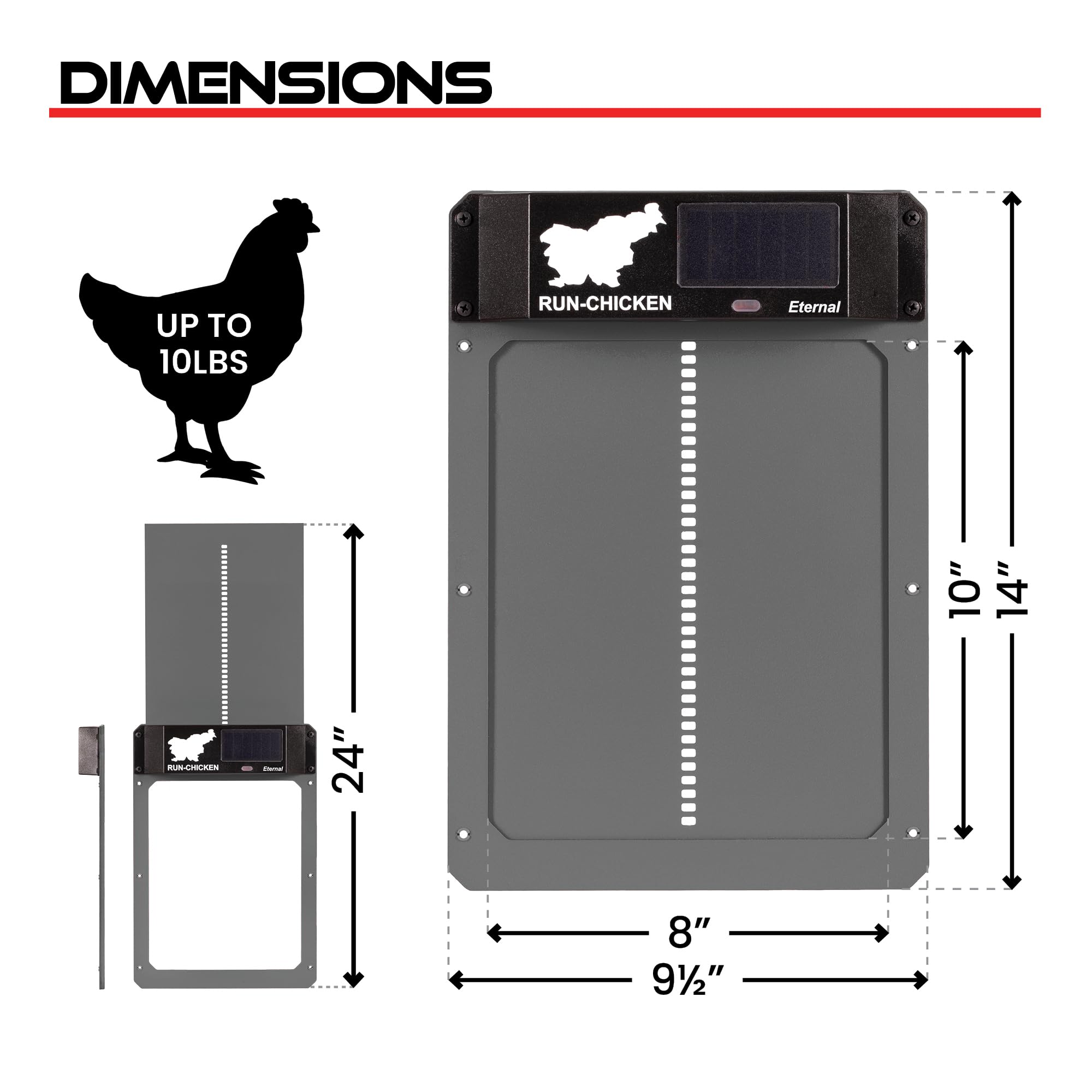 Run‑Chicken Door Eternal Gris – Puerta automática Gris para gallineros con energía Solar, batería Recargable de Larga duración, Control por App, Sensor de luz y Aluminio Resistente para Exteriores