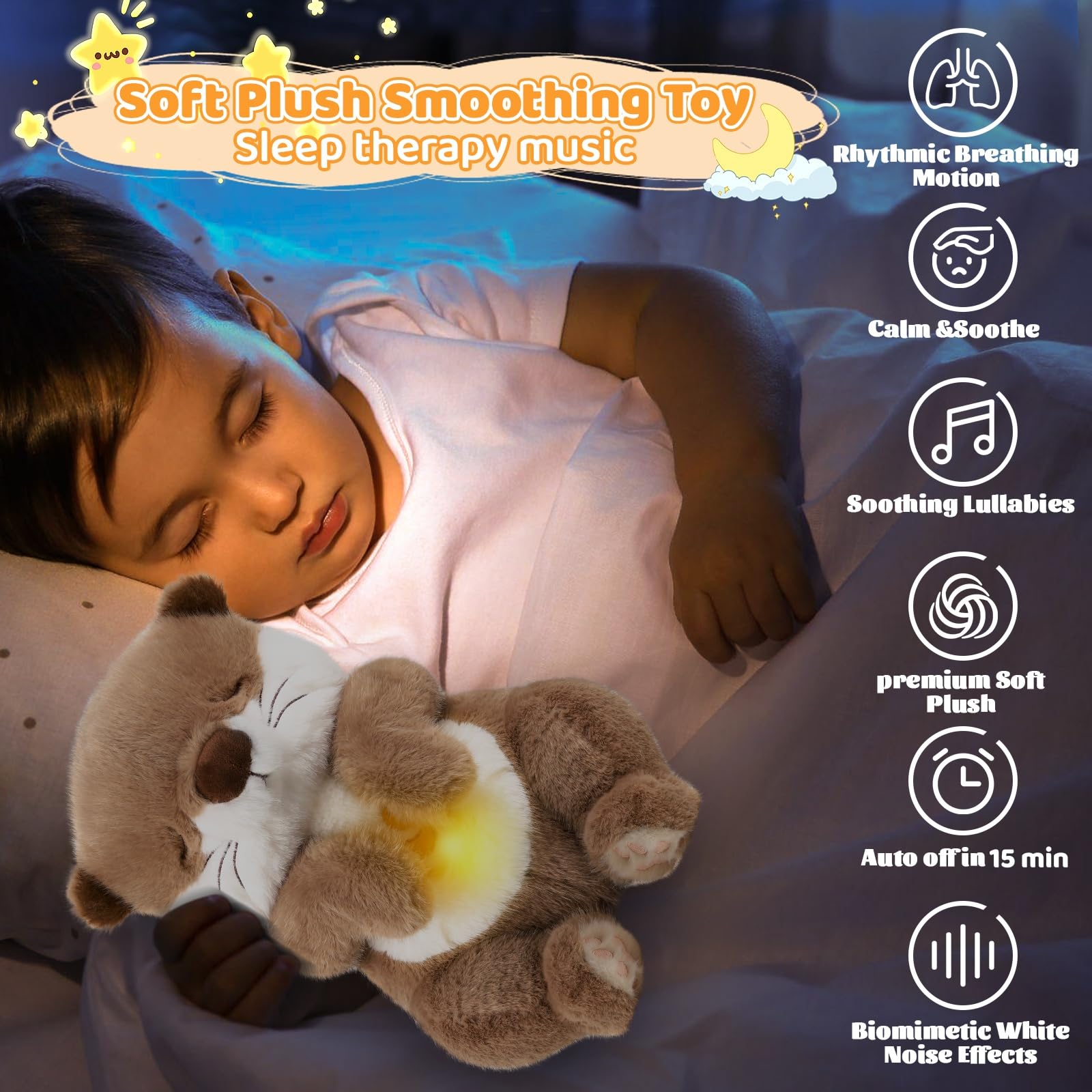 seOSTO Peluche Que Respira con Música y Movimientos Respiratorios, Stitch Que Respira para Bebe Dormir, Regalo Ideal para Bebés Recién Nacidos y Niños (Nutria parda)