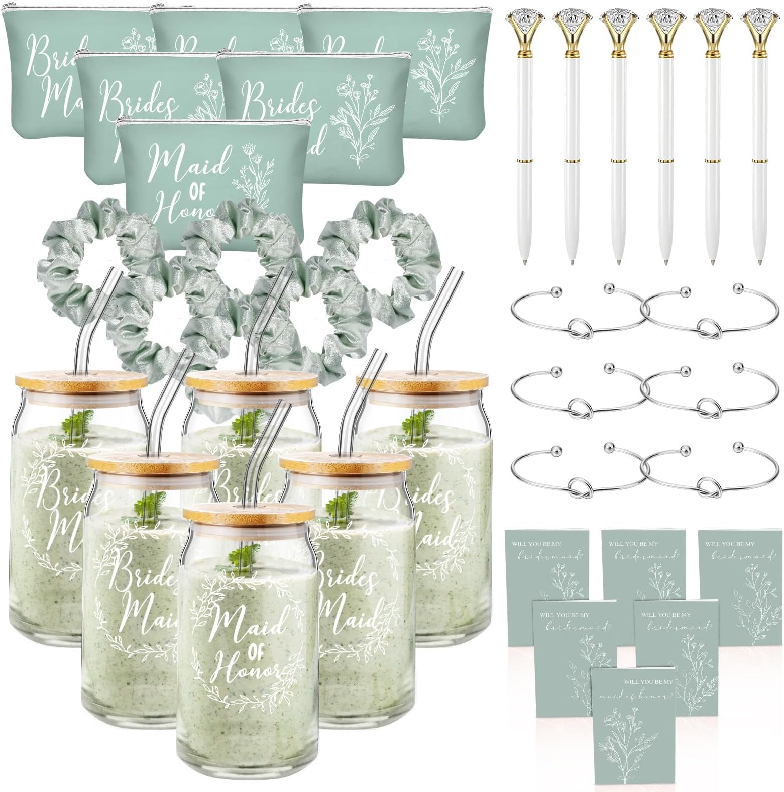 Irenare 36 Pcs Bridesmaid Proposal Gifts Set of 6 Will You Be My Bridesmaid 16 oz Glass Cup Brides Maid Cosmetic Bags Cards Bracelets Bridal Shower Favor Wedding Supplies Bachelorette Party(Green)