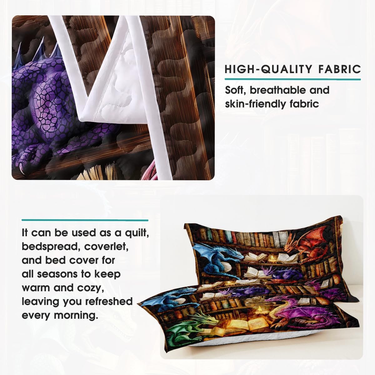 Personalized Book Dragon Quilt Bed Set, Dragon Quilted Blanket Bedding Set - Dragon Bedding Set Twin Set Dragon Bookshelf Decor Dragon Lover Gift (Colorful Dragon, Throw/Twin/Queen/Full/King)