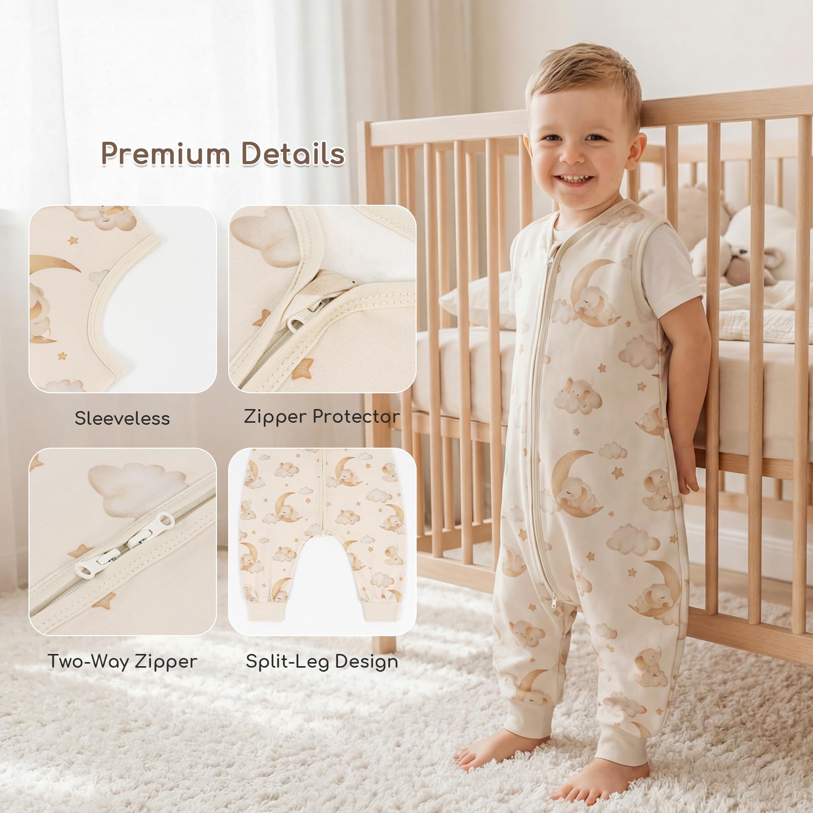 Gigoteuse d'Été Bébé avec Pieds 0.5 TOG 100% Coton, 18-36 Mois, Lot de 2 Gigoteuses à Jambes, Gigoteuse Été Respirante pour Garçon Fille, 80 cm Ballon Marron