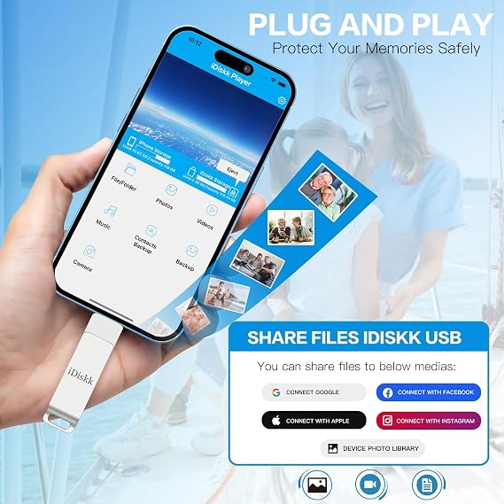 iDiskk 128GB iPhone/iPad Flash Drive - MFi Certified Lightning Port, USB 3.0, 1.5MB/s Read, 80MB/s Write, One-Click Backup, Silver | Appl-e Approved lightning USB Memory Stick to Auto backup Videos/Photos/Files for iPhone/PC,App Encryption iPhone Storage