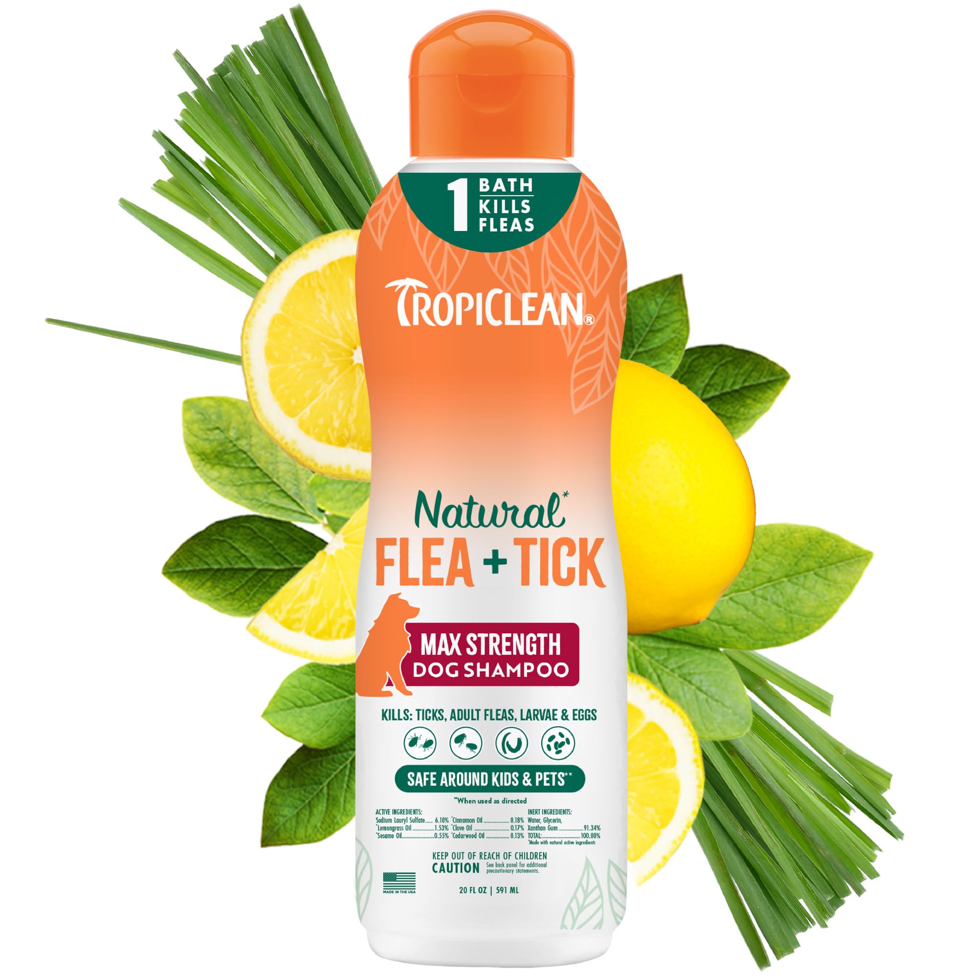 TropiClean Max Strength Flea and Tick Shampoo Treatment for Dogs, Powerful & Natural Defense, Prevention for Large & Small Dogs, Made in USA, 20oz