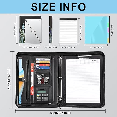 Vista 40 de Eshow Organizador de cartera, carpeta de 3 anillos con cremallera, carpeta de cuero vegano con bloc de notas, incluye 10 protectores de hojas Negro