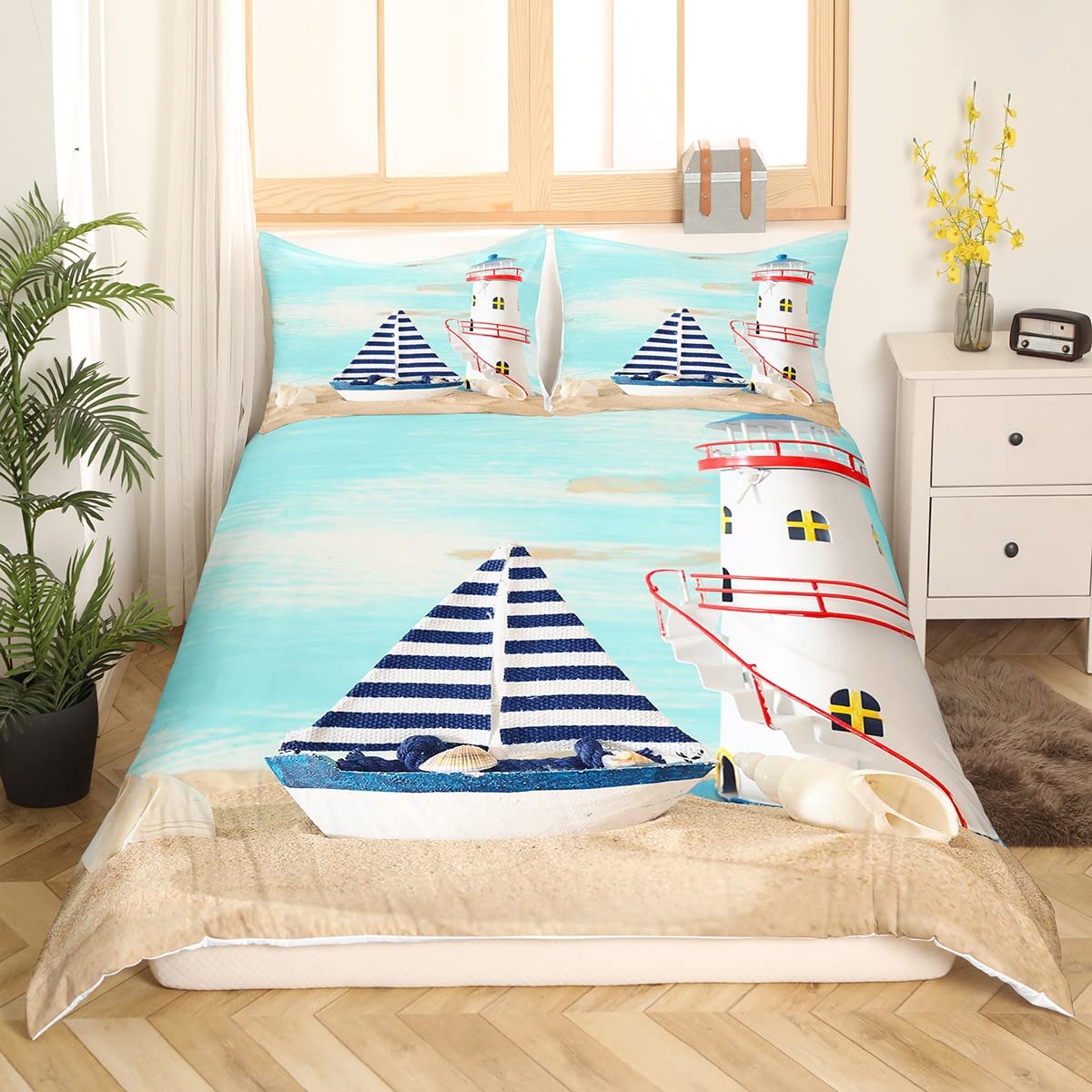 Homewish Set di biancheria da letto con copripiumino con motivo nautico con barca a vela e yacht, per bambini, adolescenti, ragazzi, decorazione blu e bianca, motivo oceano, per letto matrimoniale