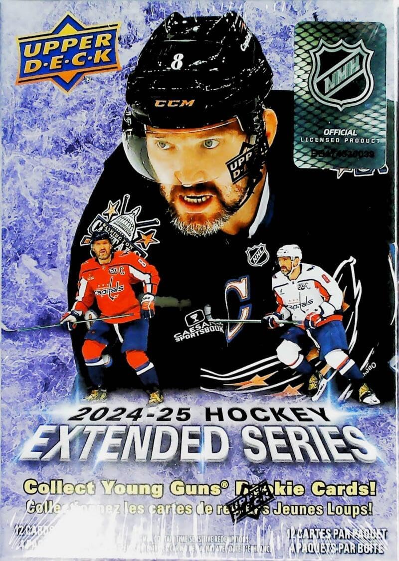 2024-25 NHL UPPER DECK EXTENDED SERIES Hockey Factory Sealed Blaster Box 48 Cards. 4 Packs of 12 Cards. Look for Young Guns Rookies - at least 1 per box, usually 2. Chase great Young Guns Canvas and the stunning Green Dazzlers Exclusive to Blasters.