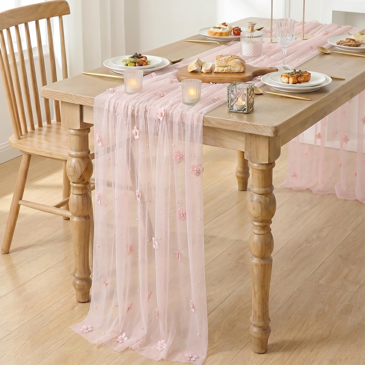 Artoid Mode Pink Flower Pearl Pink Gauze Table Runner 10FT, Seasonal Sheer Dining Holiday Wedding Birthday Baby Shower Table Decor for Home Party