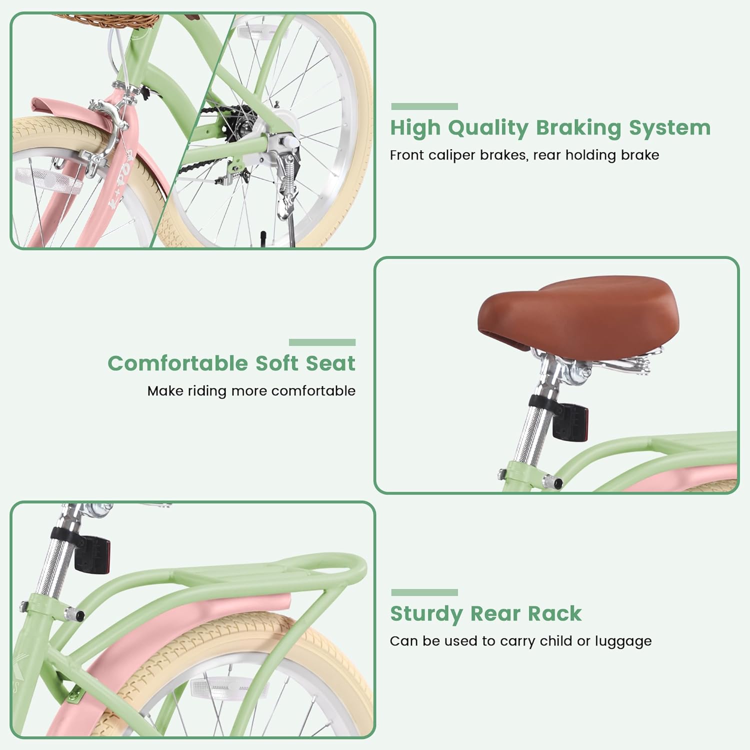 Girls 20 Inch Bike with Basket, Kids Bike for Ages 7-12,Single Speed Green/Pink Girls Beach Cruiser Bike, Front & Rear Handbrakes, Kids' Bicycle for Beginner Level Riders Outdoor Sport