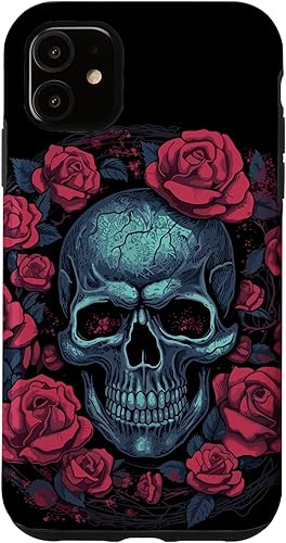 Funda para iPhone 11 Skull And Roses Red Floral Dark Goth Horror Skull Case