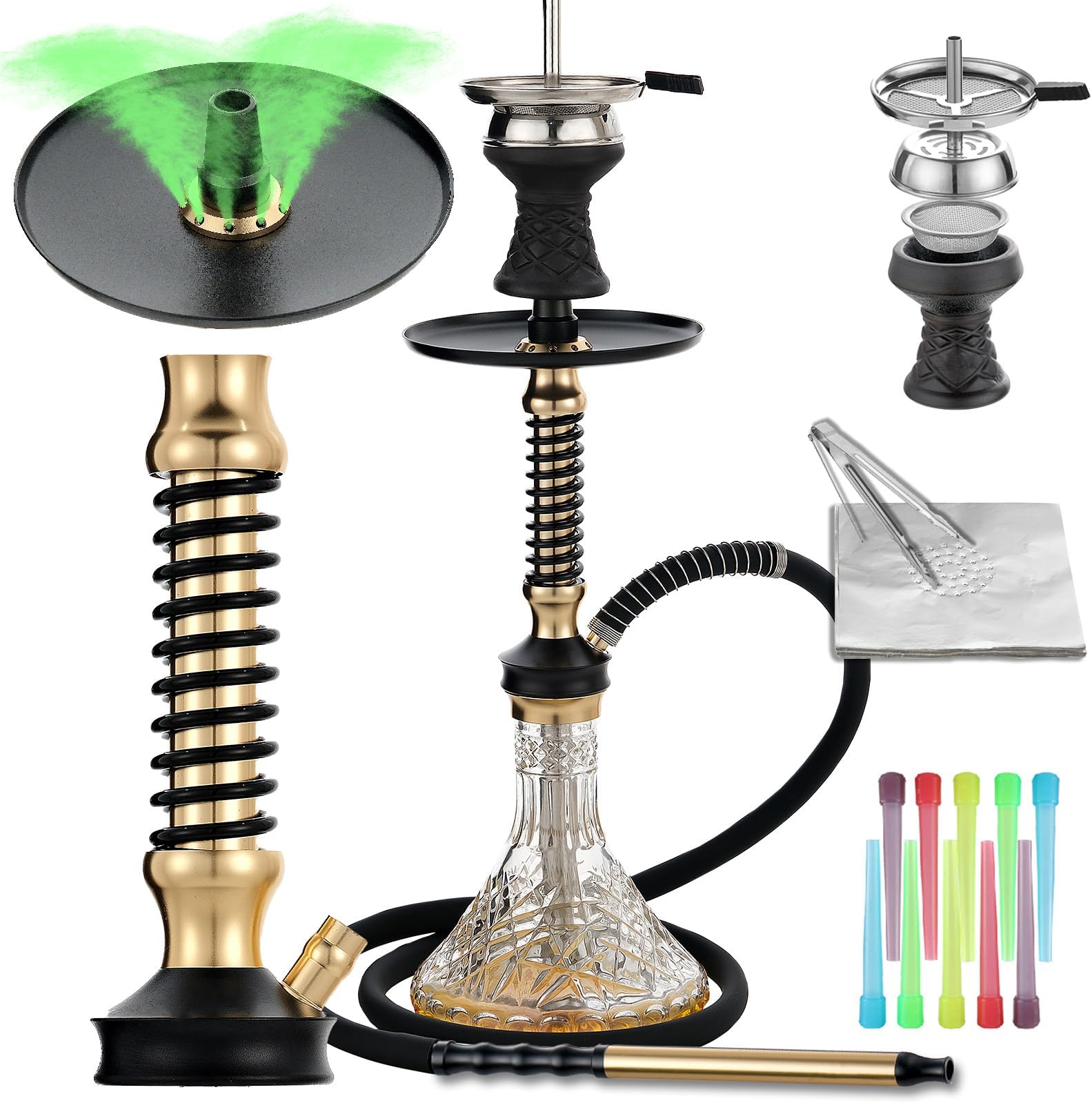 Hookah Set with Everything,20"Shisha Set with Glass Vase,Portable Glass Vase with Disposable Tips,Silicone hose,Ceramic Bowl.(Gold)
