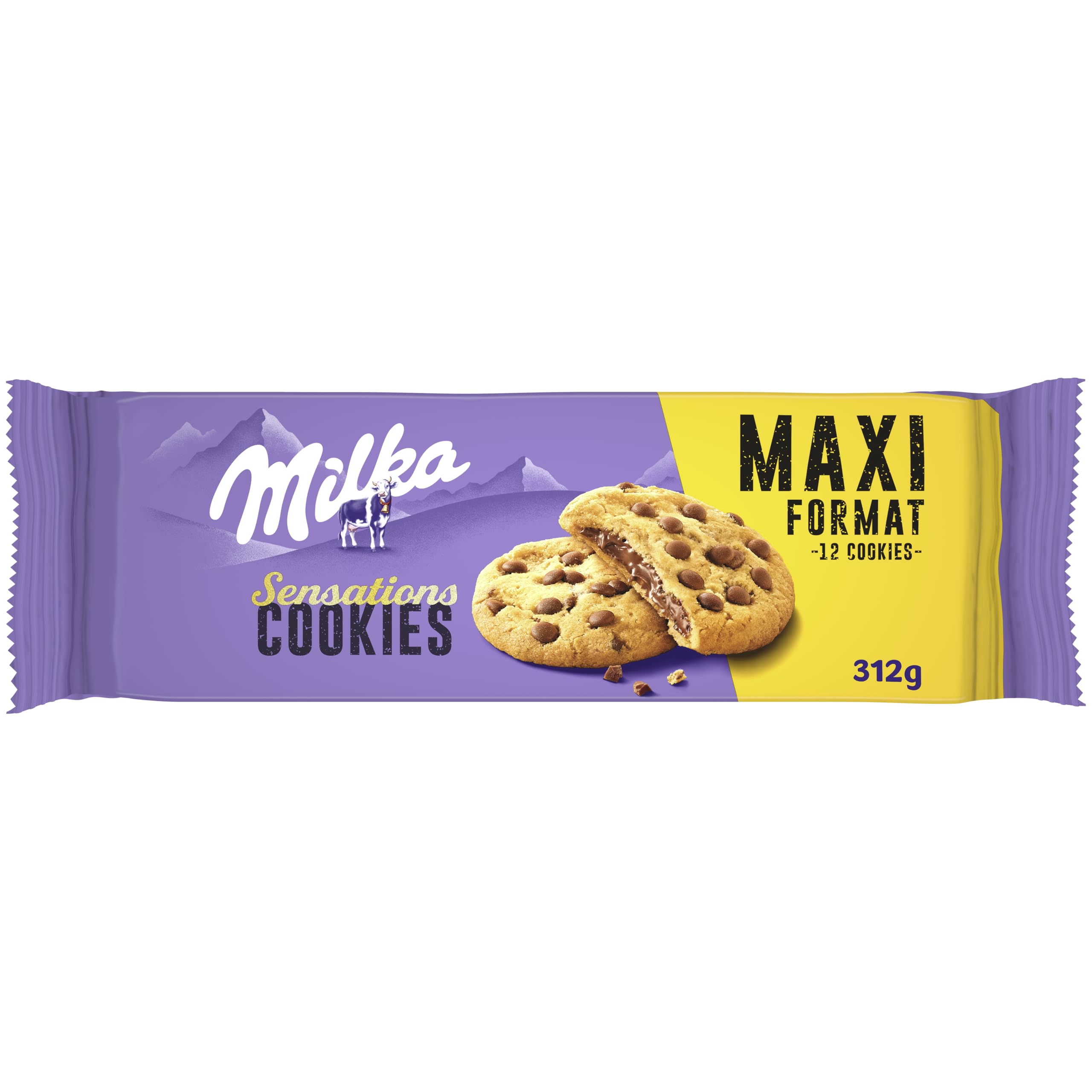 Milka Sensations Galleta Cookie con Pepitas de Chocolate con Leche, Relleno de Chocolate con Leche de los Alpes, Formato Maxi 312 g