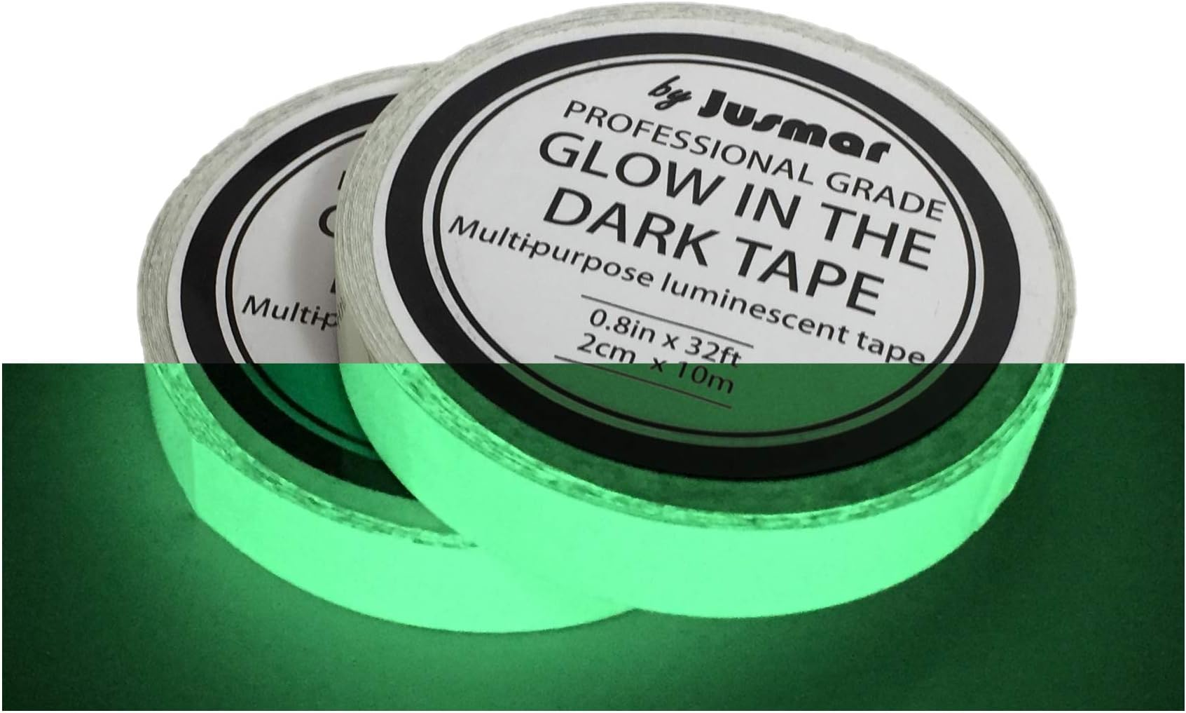 Jusmar Glow in The Dark Tape, Pack of 2 Rolls of Glow Tape 32 ft x 0.8 inch, for Stairs, Steps, Stage, Home Decor Wall, Safety, Markers, Party Halloween Decoration