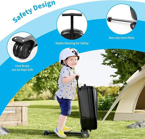 Kids Scooter Luggage, Foldable Ride-On Carry-On Suitcase, Black | Hardshell design with telescopic handle. Lightweight, multifunctional, and perfect for children's travel & outdoor play.