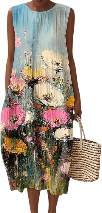 Womens Trendy Sleeveless 2025 Summer and Fall Midi Length Dresses Off The Shoulder Classy Floral Flowy Sundress