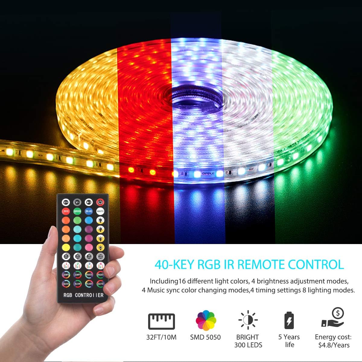 Led Strip Lights, 32.8ft Ip65 Waterproof Led Light Strip with Music Sync, SMD 5050 Dimmable 16 Colors Light Strips with Controller for Home Lighting, Bedroom, Bar, Party (32.8ft)