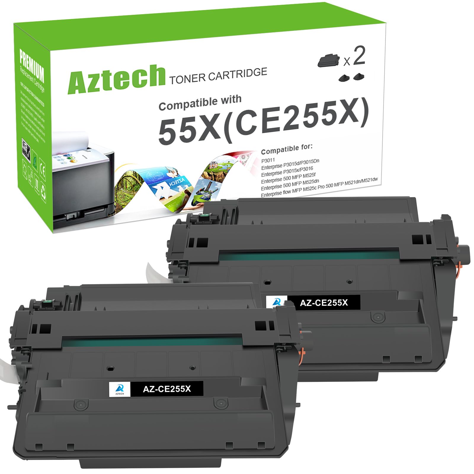 P3015 CE255X 55X Toner Cartridge Replacement for HP CE255X 55X CE255A 55A for HP LaserJet P3015 P3015x P3015dn Pro 500 MFP M521dw M521dn M521 M525 Printer Ink (Black, 2-Packs)