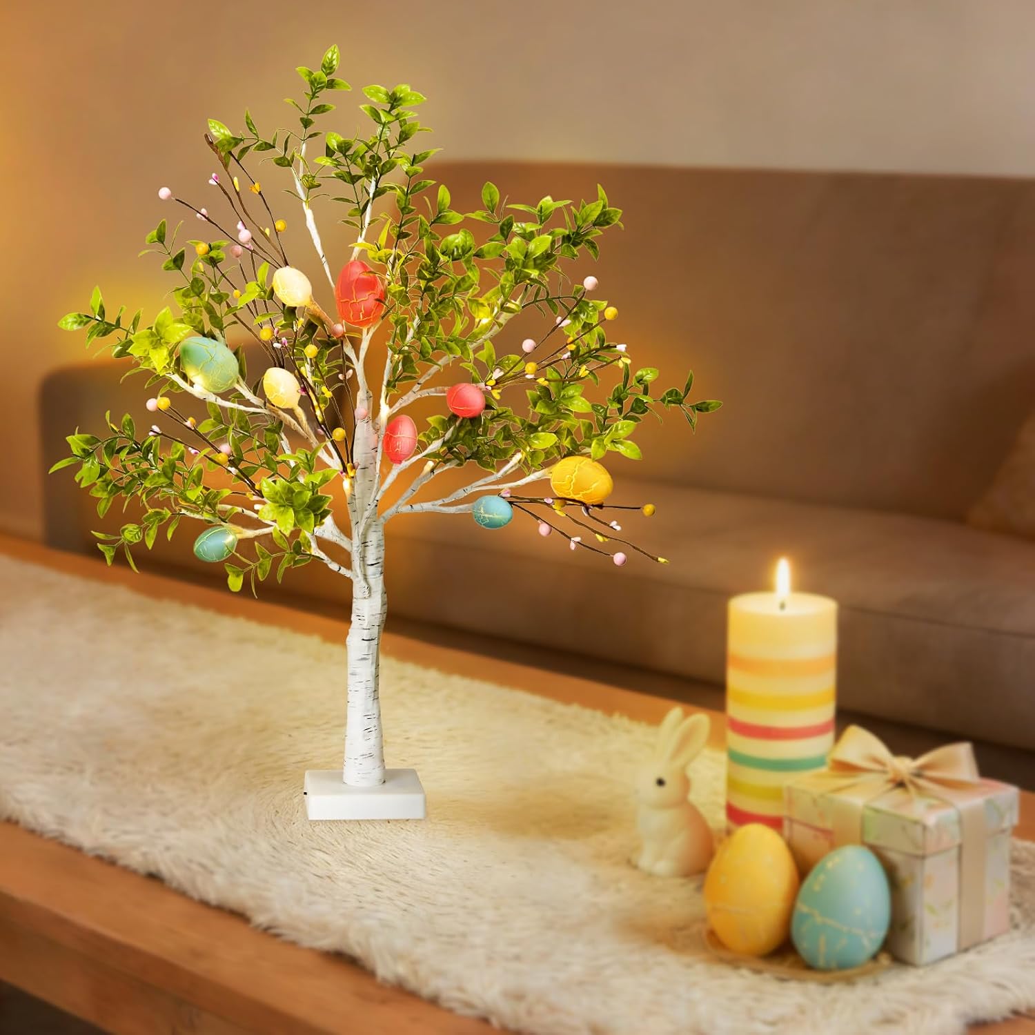 Easter Decoration Set, 27-inch Easters Egg Tree with LED Lights, Perfect for Spring and Easter Decorations, can be Used as a Tabletop Bonsai-Style Illuminated Artificial Tree or a Festive Centerpiece